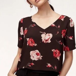 Aritzia Babaton Black and Red Floral V Neck Randy Blouse